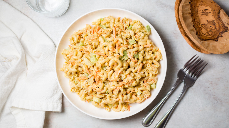 macaroni salad served on table