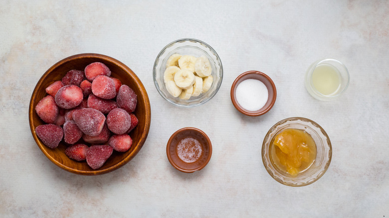strawberry sorbet ingredients on table