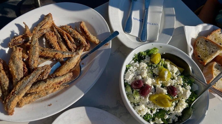 Table of Greek dishes at Taverna Kyclades