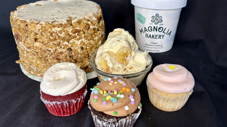 Magnolia Bakery cake, cupcakes, banana pudding on black background