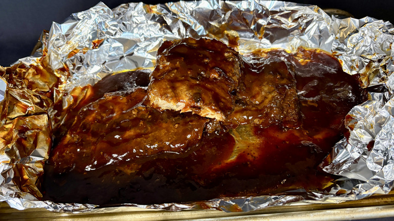 Cooked Kingsford ribs in foil