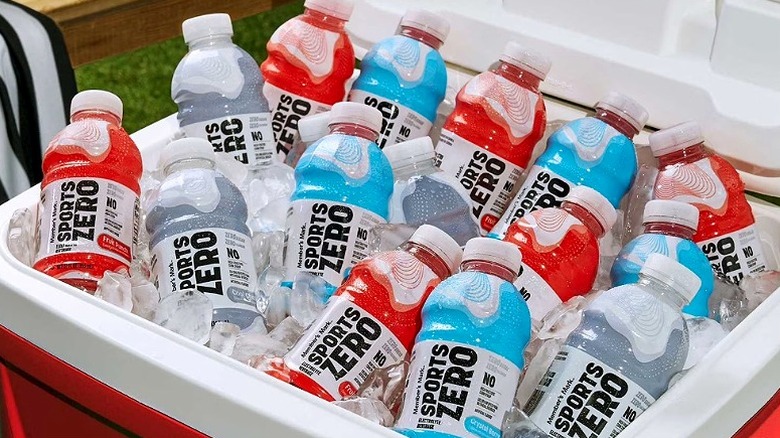 Member's Mark Sports Zero Electrolyte Beverages stashed in red cooler on ice.
