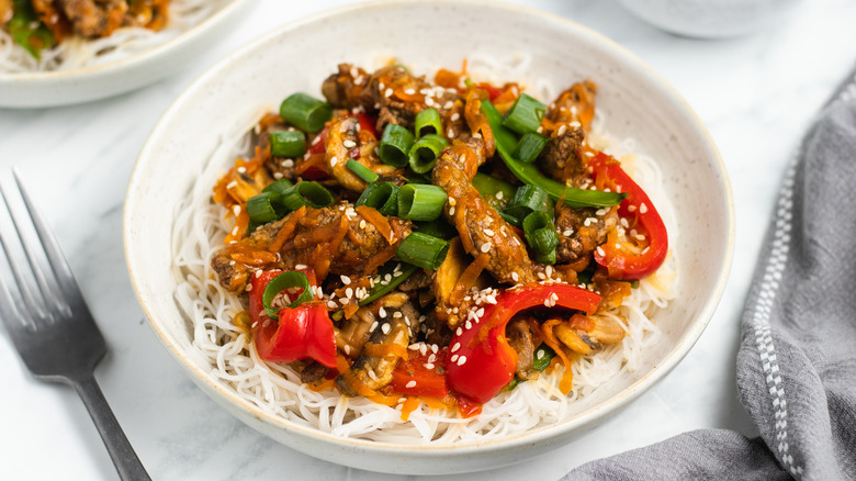 5-spice pork stir fry in bowl 