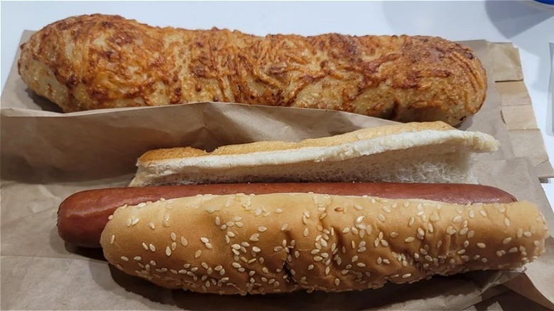 Costco chicken bake and hot dog in bun.