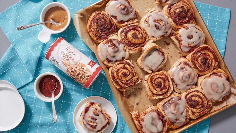 Pan of frosted cinnamon rolls