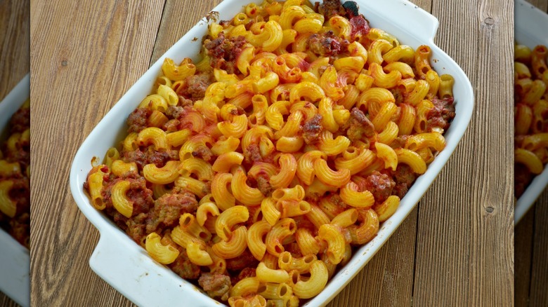 Homemade Johnny Marzetti casserole in a baking dish