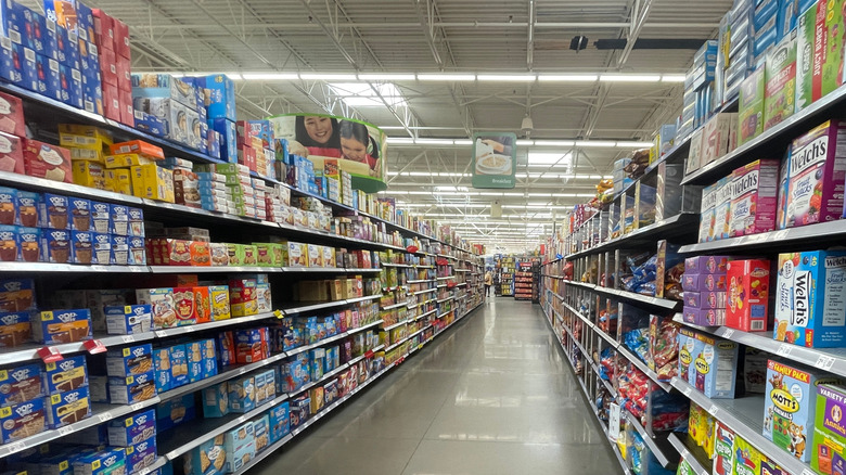 Walmart store aisle featuring boxed breakfast foods