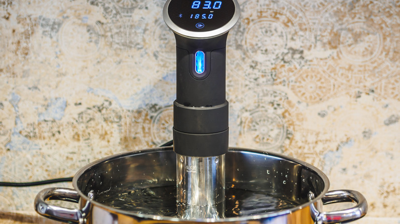 Sous vide machine in pot of water