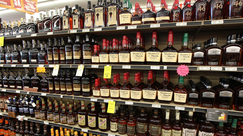 Selection of bourbons at a liquor store