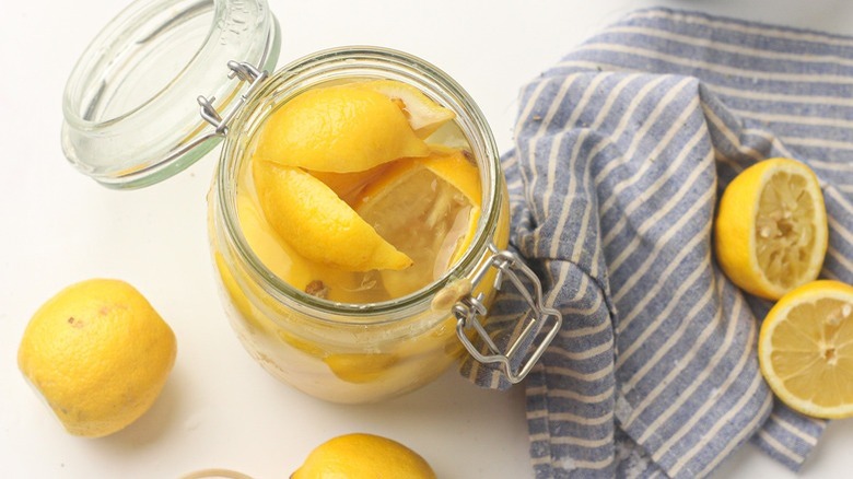 preserved lemons with striped towel