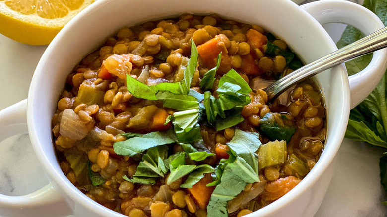 lentil soup in white dish