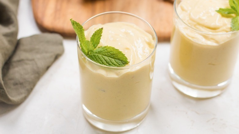 mango lassi with mint leaves