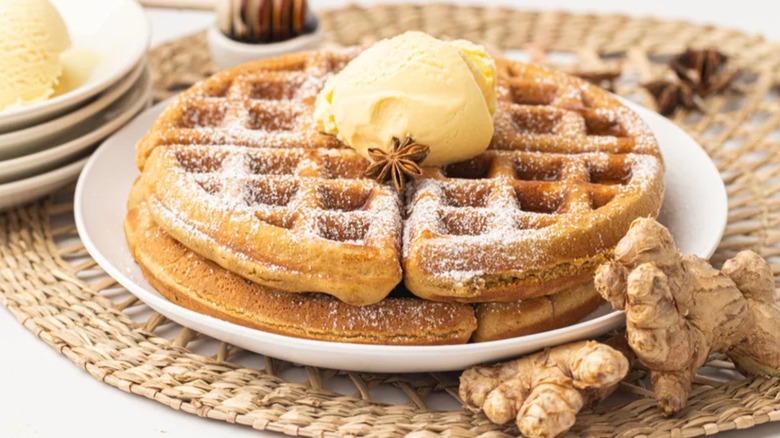 Waffles with ginger and ice cream