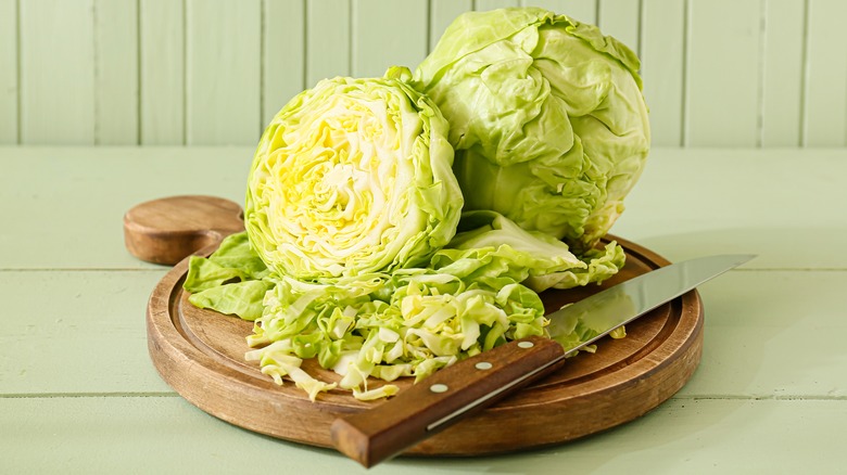 cut green cabbage with knife