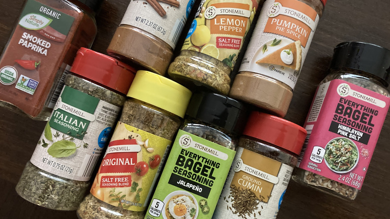 A variety of Aldi spices in jars