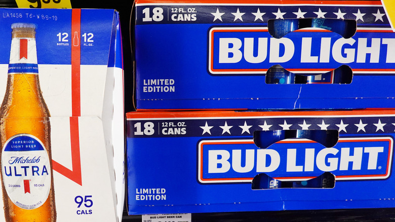 Cases of Bud Light stacked next to a case of Michelob Ultra