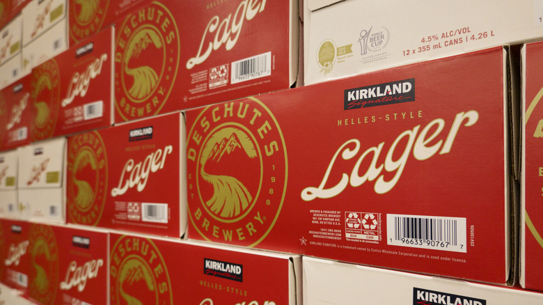 Stacked cases of Kirkland Signature Helles-Style Lager