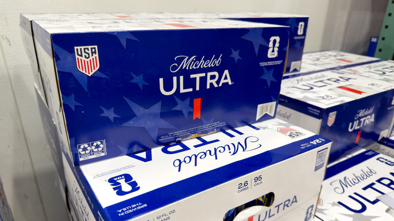 Stacked cases of Michelob Ultra beer