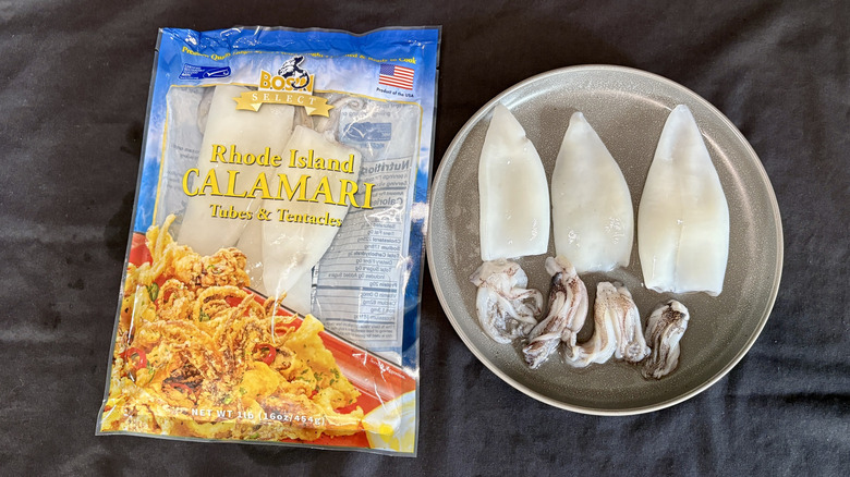 Calamari on plate next to Bos'n package