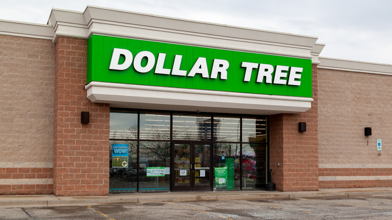 The front entrance to a Dollar Tree store with a brick exterior