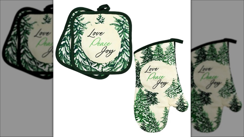 Potholders with trees and "Love Peace Joy" saying in the center