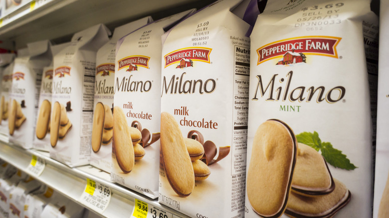 Pepperidge Farm Milano cookies lined up in rows in grocery display