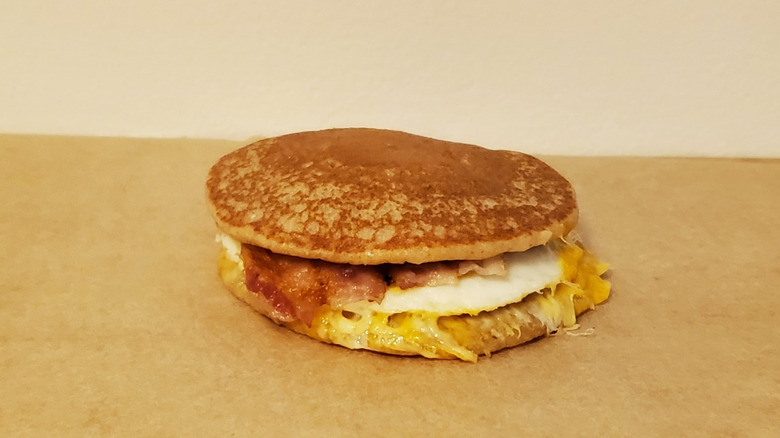 a Kodiak protein breakfast sandwich with two pancakes as bread