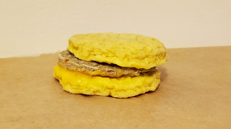 a Trader Joe's breakfast sandwich with egg patties