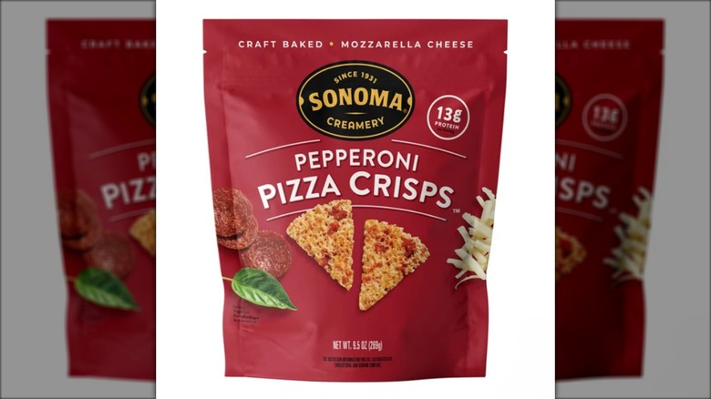 Bag of pizza-flavored cheese crisp crackers