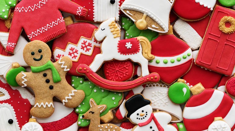 Decorated Christmas cookies in red, white, and green