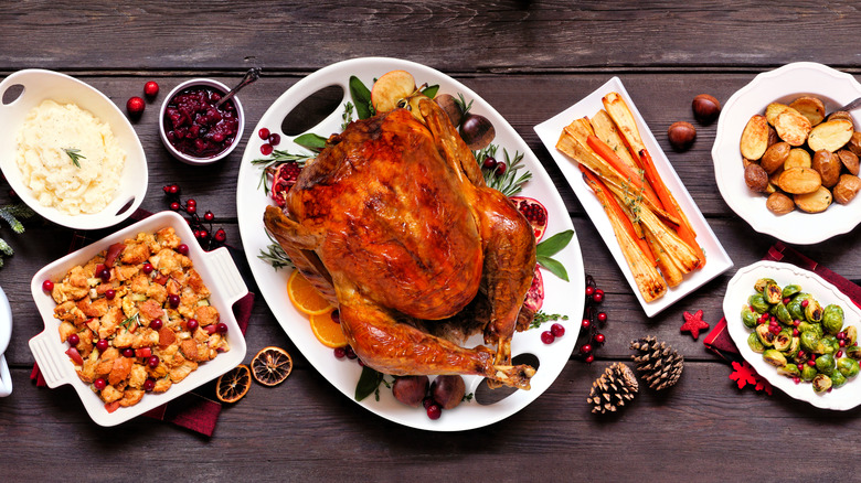 Christmas feast laid out on a wooden table