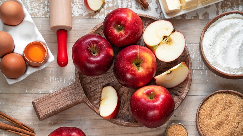 Red apples eggs, sugar, flour