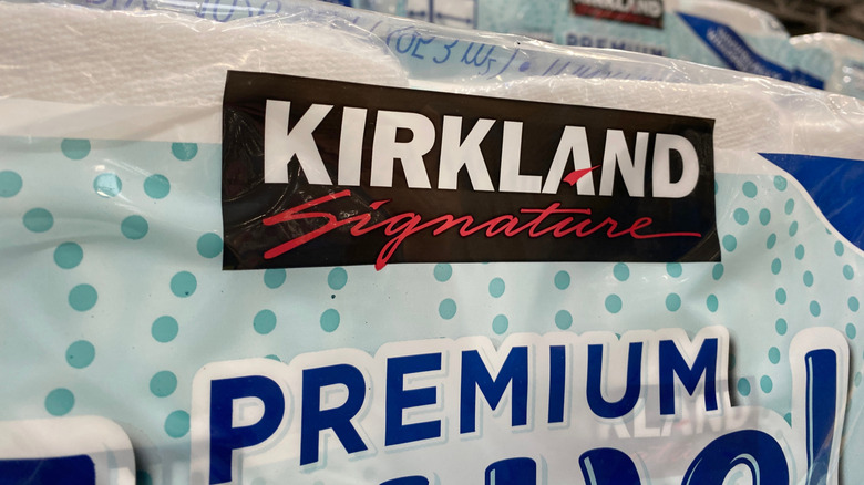 close-up of the Kirkland Signature logo on a paper towel pack