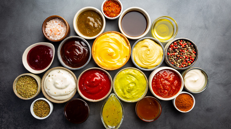 assorted condiments in bowls