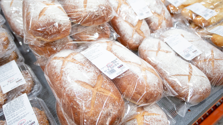 Country French loaves from Costco on a store shelf
