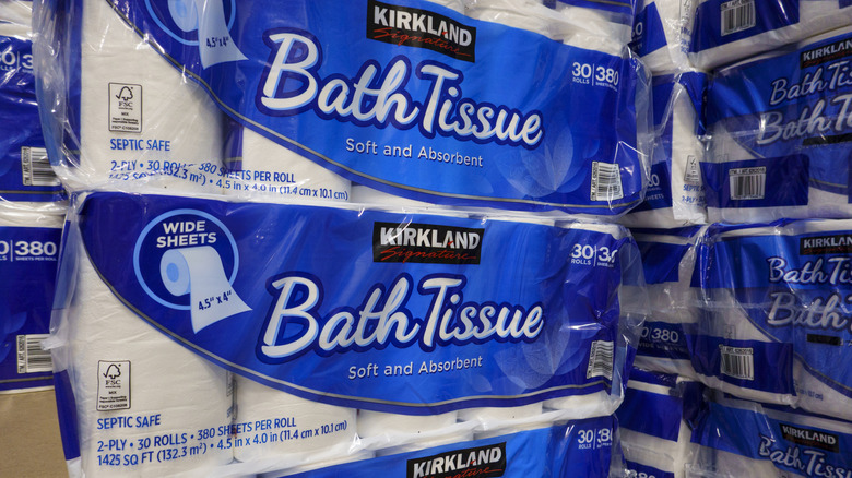 Stacks of bulk-sized Kirkland Signature bath tissue packages