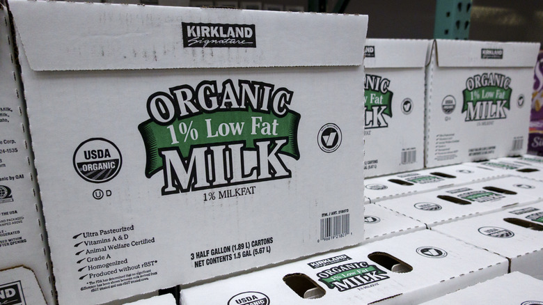 Bulk-sized boxes of Kirkland Signature organic 1% milk