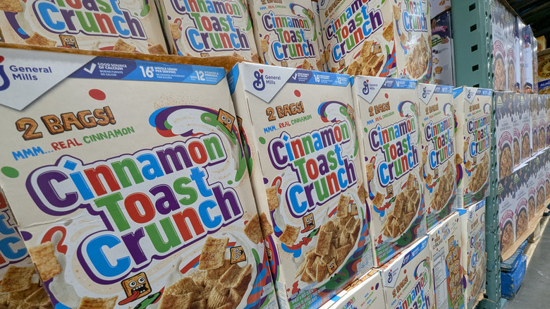 Stacked boxes of Cinnamon Toast Crunch cereal