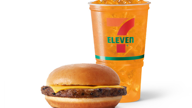 A black bean burger and 7 Eleven drink