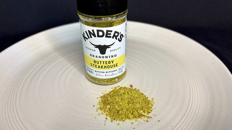 Kinder's seasoning on a plate with jar in background