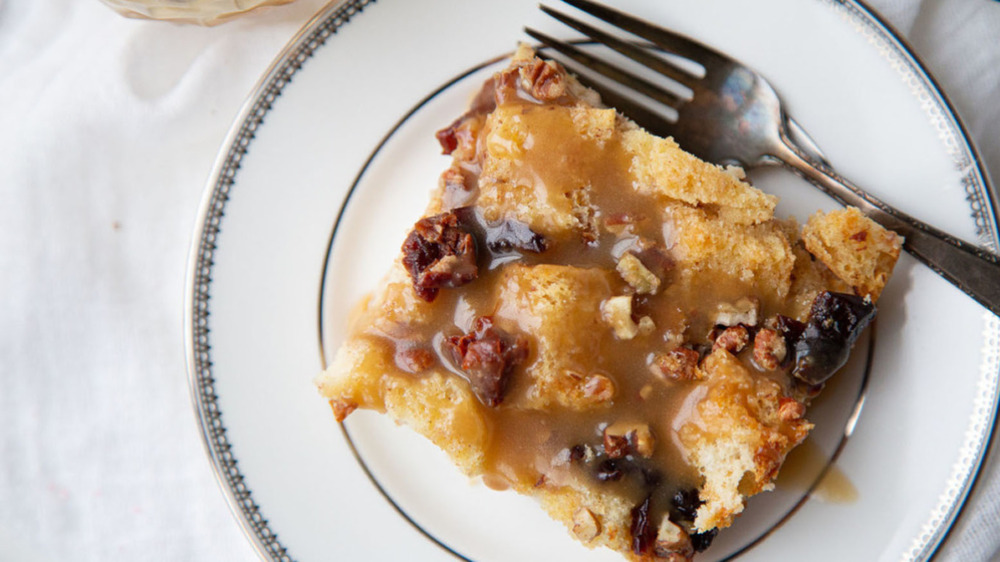 cherry pecan bread pudding on a plate