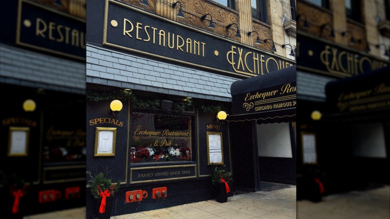 The exterior of Exchequer Restaurant & Pub decorated for Christmas