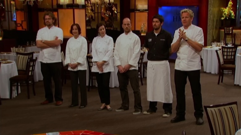 Chefs Ludo Lefebvre, Quinn and Karen Hatfield, Suzanne Tracht, and Michael Cimarusti stand with Gordon Ramsay on "Hell's Kitchen."