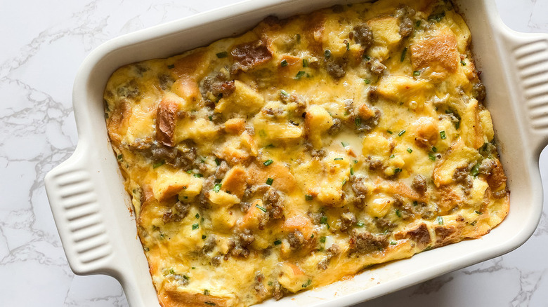 baking dish with breakfast casserole