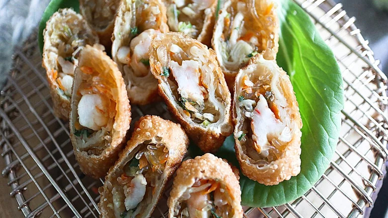 close up of crunchy mini shrimp egg rolls