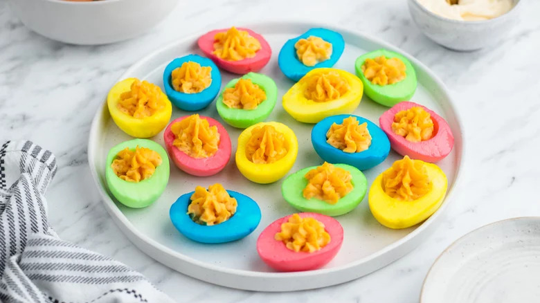 plate of colorful Easter deviled eggs