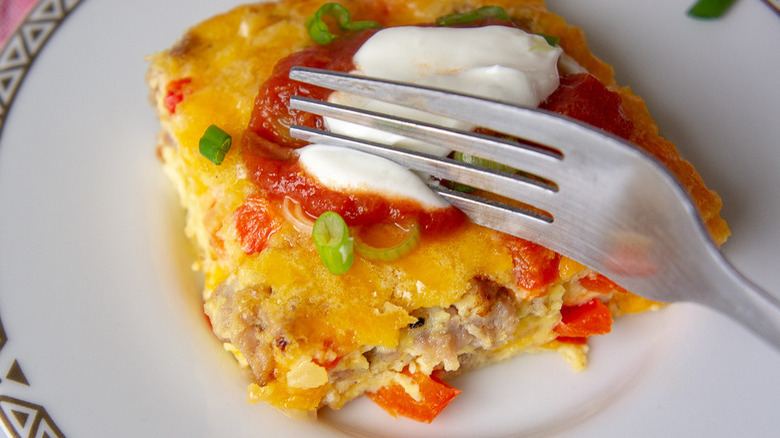 egg casserole with fork