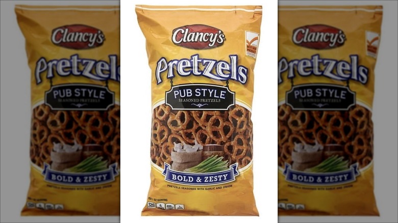 A bag of Clancy's Pub Style Pretzels on white background
