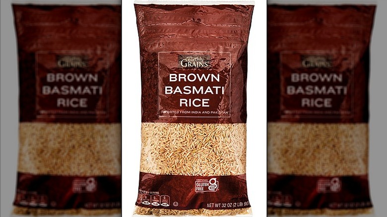 A package of brown basmati rice from Aldi's Earthly Grains brand