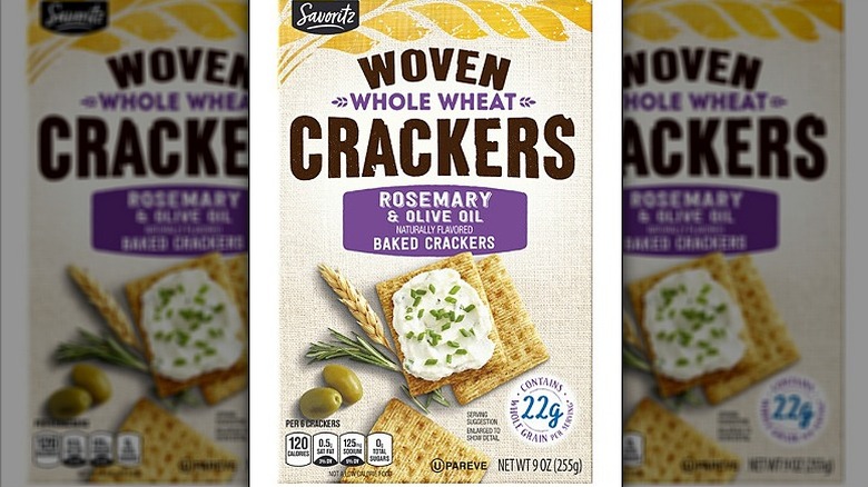 A box of rosemary and olive oil flavored woven whole wheat crackers